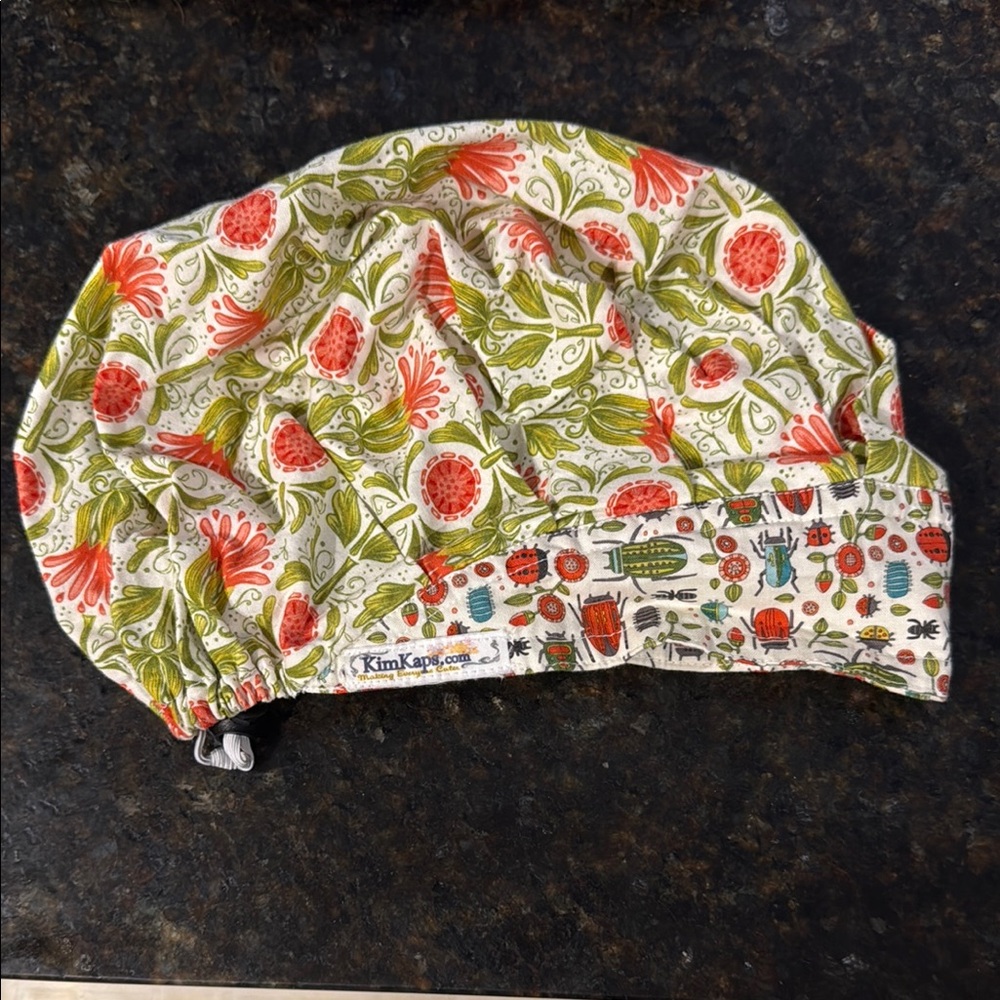 KimKaps Floral & Bug Print Scrub Cap - Coral, Olive Green, White